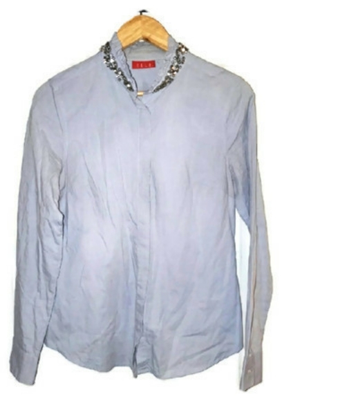 Elle Rinestone Neckline Career Blouse Blue Business Casual - Picture 2 of 9